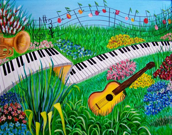 illustration of piano keys flowing through a field of flowers