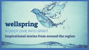 watery bird over the waves with text: wellspring a deep dive into spirit stories of inspiration around the region