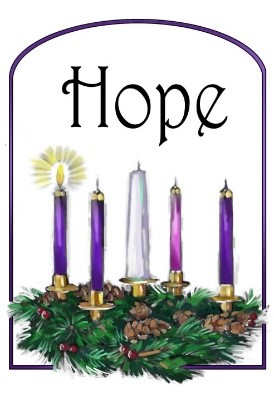 Advent candles; 1 is lit for Advent 1 - Hope