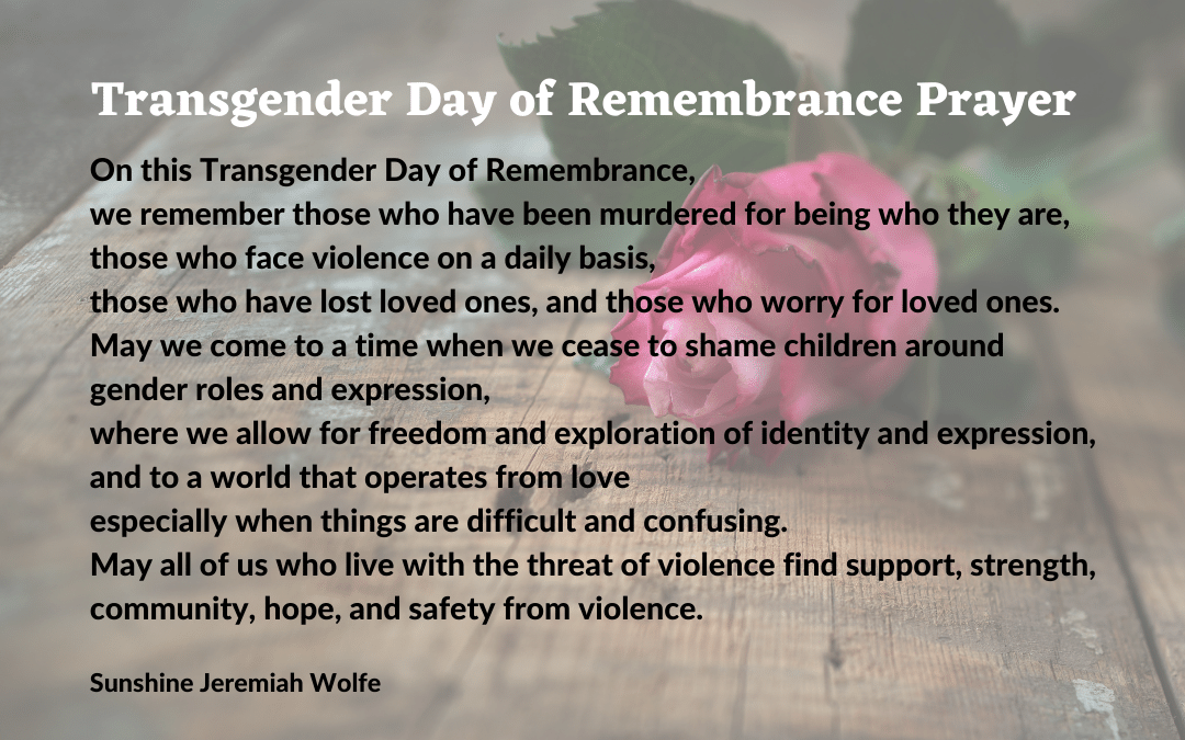 Prayer for trans day of remembrance with grey background and pink rose