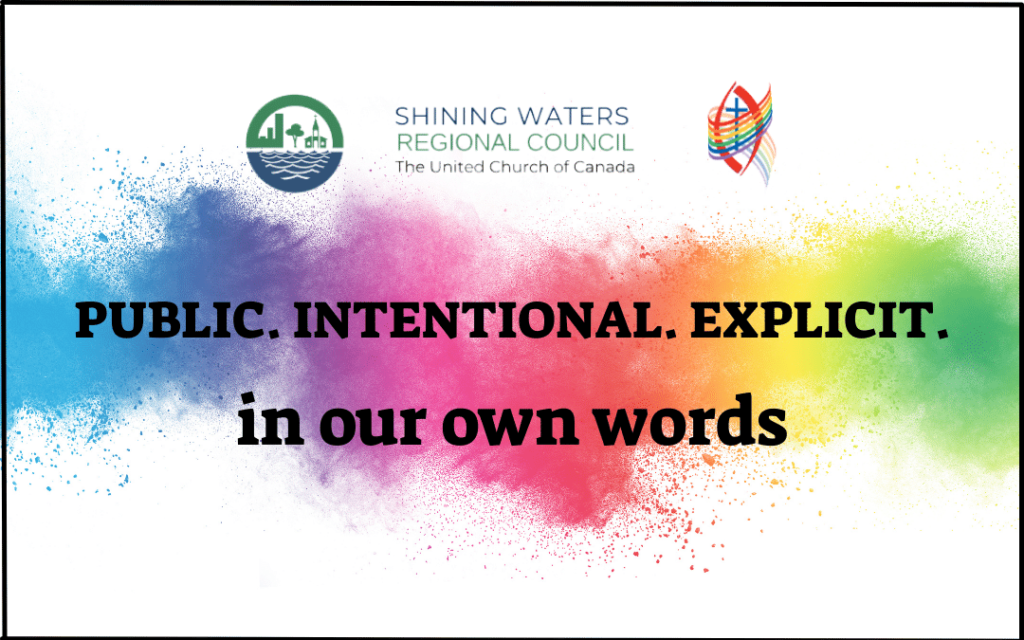 The words: Public Intentional Explicit, in our own words. In front of a rainbow spray of colour. 