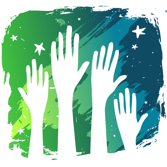 illustration of white hands raised over a green blue stary sky